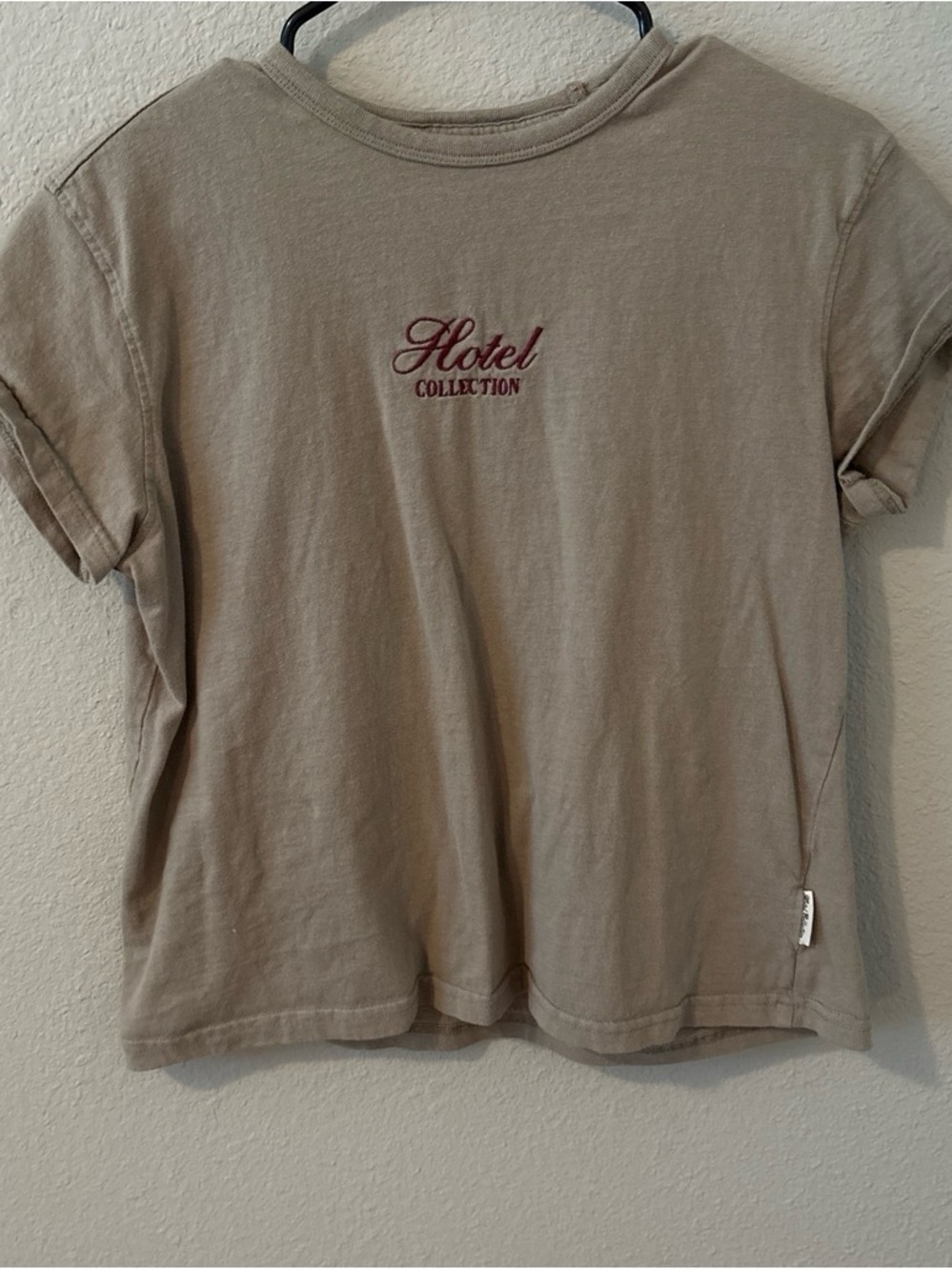 Hotel Collection Short Sleeve Tee in Taupe with Burgundy Embroidered Logo